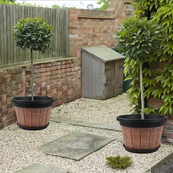 Quarut Large 4 Pack 16 inch Plant Pots,Whiskey Barrel Planters with Drainage Holes & Saucer,Plastic Decoration Flower Pots Retro Design,Planters for Outdoor Indoor Garden Balcony Plants (Brown) by GreenHaven Gardens