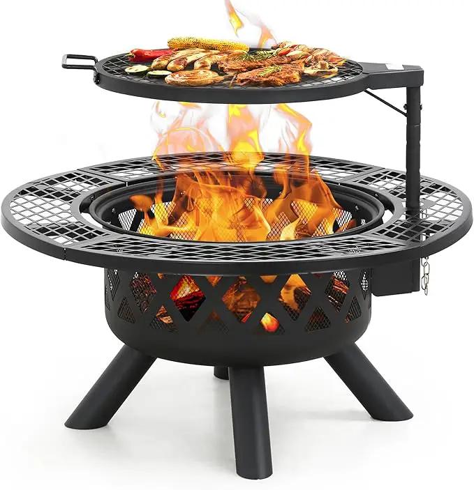 BALI OUTDOORS Fire Pit with Poker, 32 inch Outdoor Fire Pit Patio, Wood Burning Firepits for Outside with Grill by GreenHaven Gardens