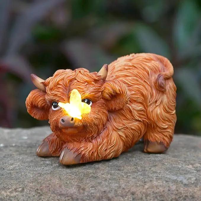 Highland Cow Solar Powered Outdoor Garden Statue, Resin Highland Cow Statue with Solar Light Lantern, Decorative Lawn, Yard Outdoor Highland Cow Decor. Unique home decorations, gifts for women by GreenHaven Gardens