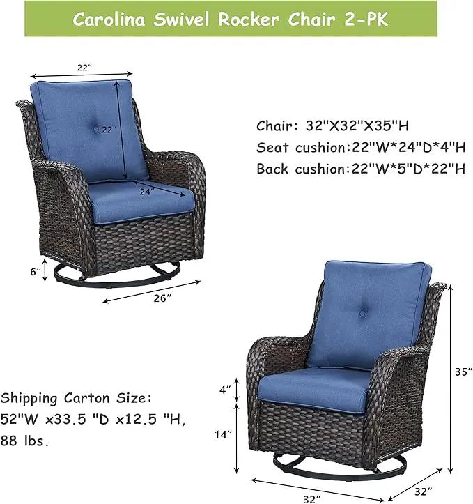 Outdoor Patio Swivel Rocker Chairs - Wicker Rattan Patio Swivel Rocking Chairs Set of 2 with High Back,Deep Seating and Comfort Cushions for Deck Porch Garden,Brown/Blue by GreenHaven Gardens