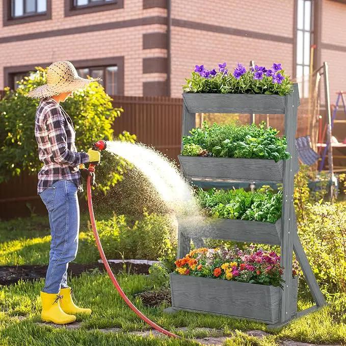 SUNYRISY 4 Tiers Vertical Raised Garden Bed Outdoor Planter Tower, Wooden Freestanding Planter Box for Planting Herbs Flowers Vegetables Backyard Patio Balcony Indoor Outdoor Gardening, Grey by GreenHaven Gardens