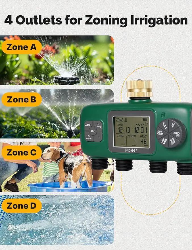 MOES 4 Outlet Sprinkler Timer, Brass Inlet, Programmable Automatic Irrigation Controller, Rain Delay, Manual Watering, 4 Zone Water Hose Timer for Gardens, Lawns, and Hose Systems by GreenHaven Gardens