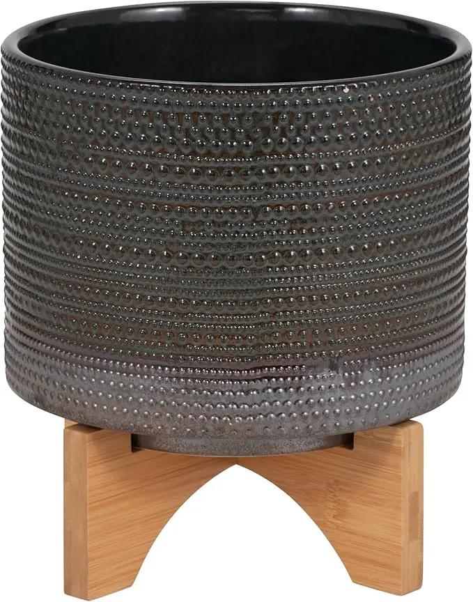 Sagebook Home 8" Ceramic Planter on Bamboo Wood Stand - Green Plant Stand with Contemporary Dotted Design - Indoor or Outdoor Plants and Succulents by GreenHaven Gardens