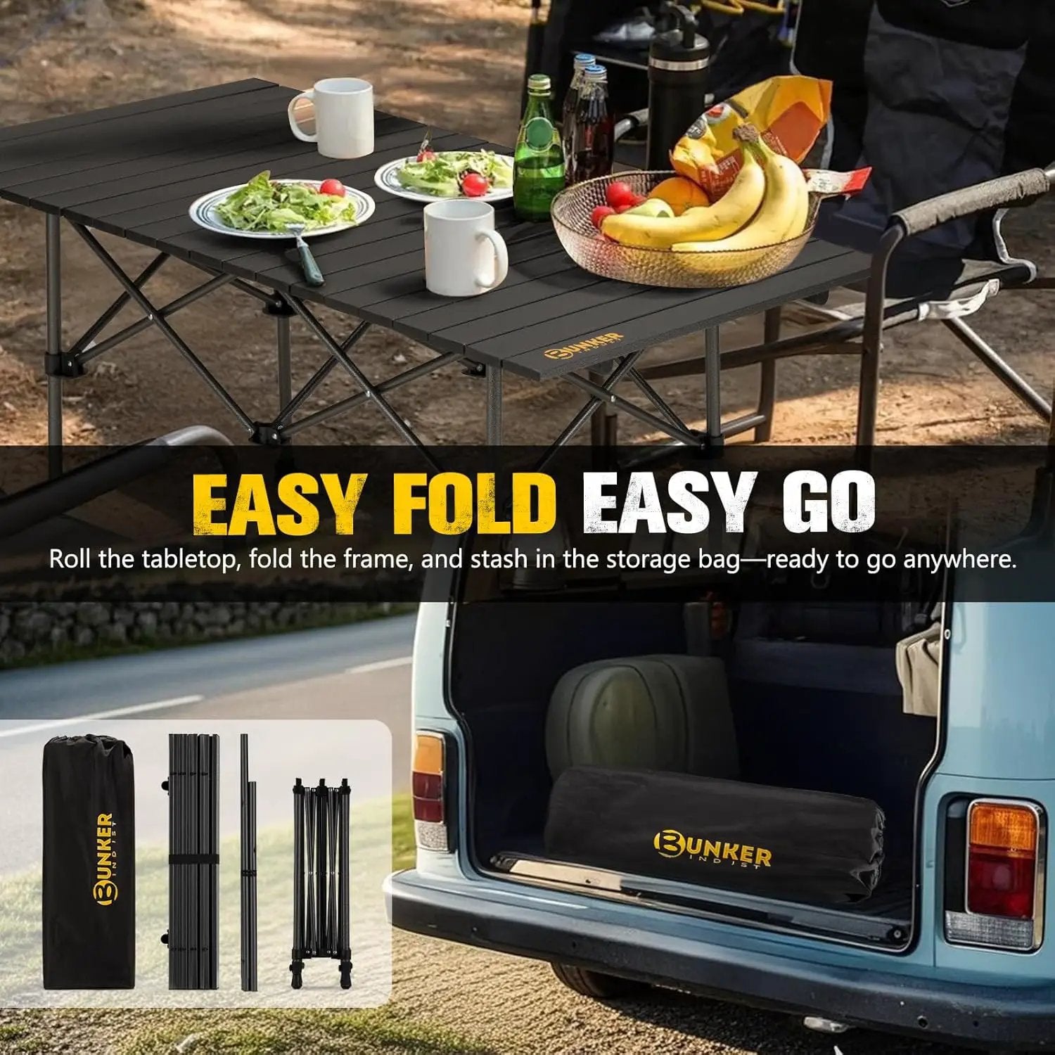 BUNKER INDUST Folding Camping Table, Outdoor Portable Roll-Top Aluminum Table with Carry Bag for Picnic,Beach,BBQ,Backyards, Adjustable Height by GreenHaven Gardens