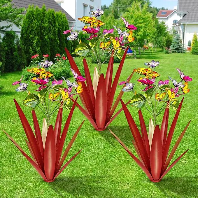 Garden Outdoor Butterfly Enlarge Thickened Wind Resistant Metal Agave Garden Art Metal Plant Country Sculpture Statue Decorations Ornaments Artificial Waterproof Butterflies(red 3pcs) by GreenHaven Gardens