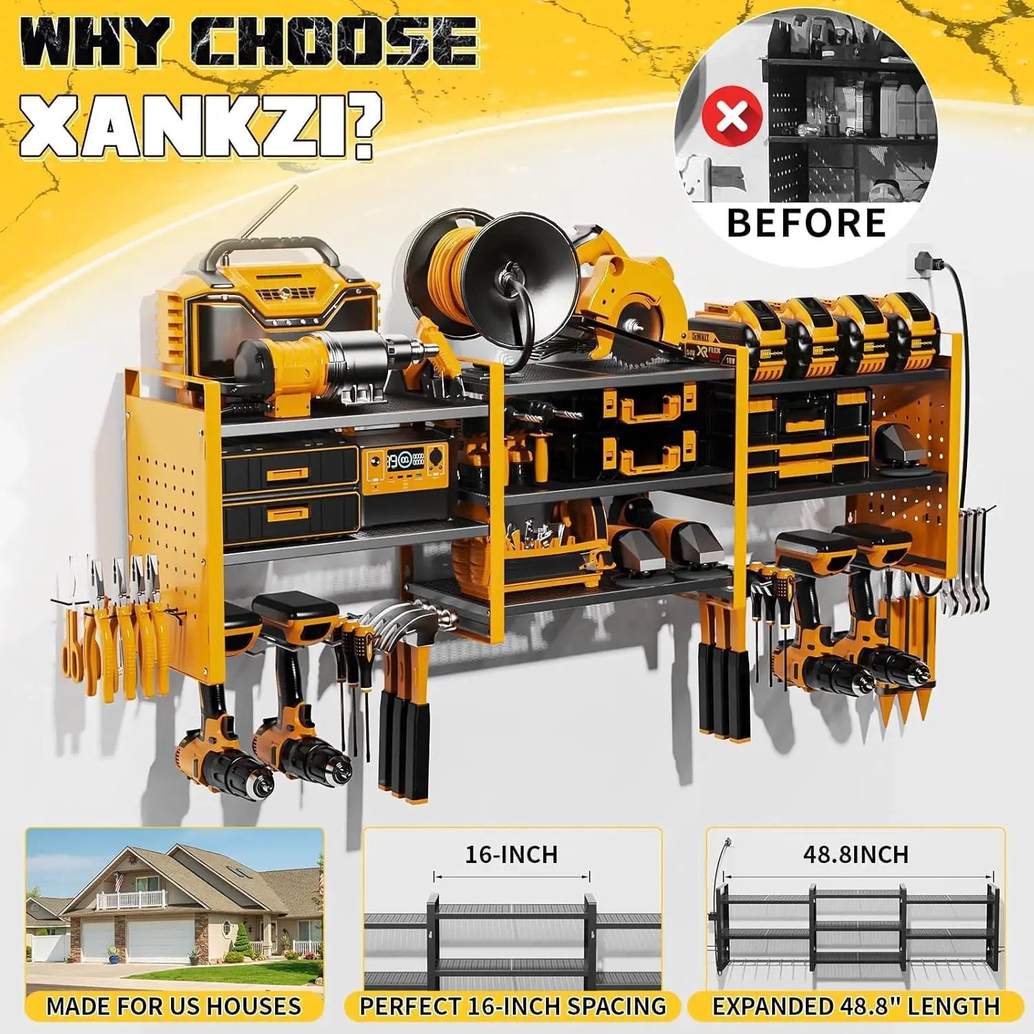 Power Tool Organizer with Charging Station Wall Mount, 3 Layer Expanded Heavy Duty Garage Organization, 48.8 Inch Length Garage Tool Storage, 4 Drill Slot, 16" Standard Hole, Yellow by GreenHaven Gardens