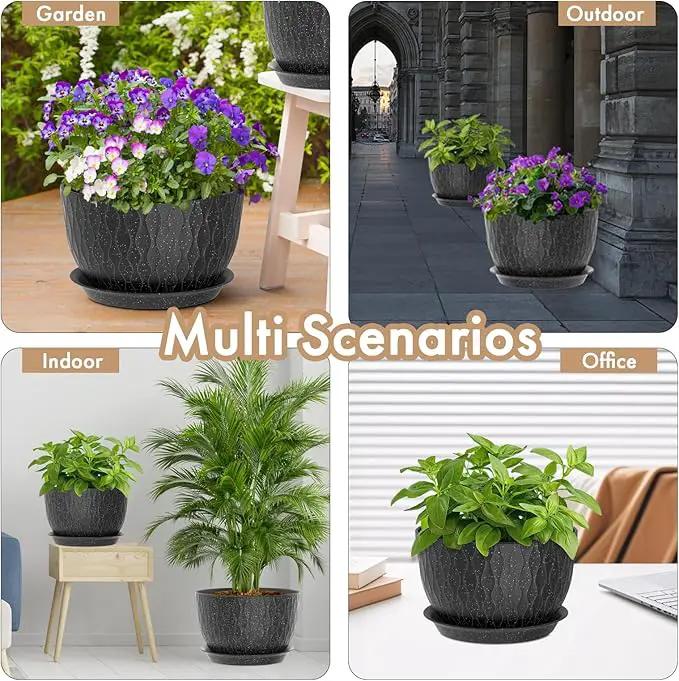 12 Inch Wide Water Ripples Flower Pots for Indoor or Outdoor Plants, Large Plant Pots with Drainage Holes & Saucer, Plastic Planters Set for Garden & Home Decor (Black with White Speckles) by GreenHaven Gardens