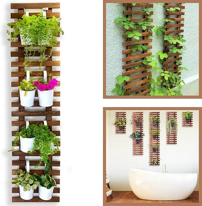 ShopLaLa Wall Planter for Climbing Plants Outdoor - Wooden Hanging Living Vertical Garden Outdoor Indoor Plant Stand Large Tall Long Ladder Vinyl Plant Hanger for Hanging Flower Pots 59" (150cm) by GreenHaven Gardens