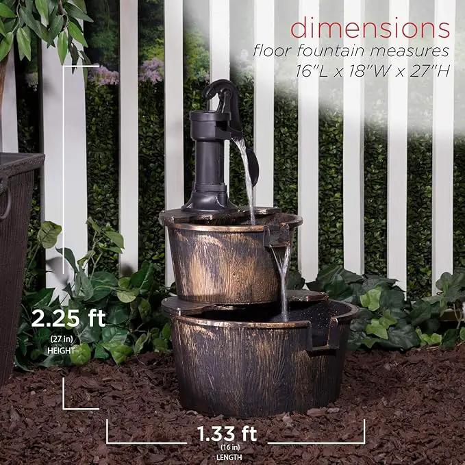 Alpine Corporation - Outdoor Rustic 2-Tiered Barrel and Pump Water Fountain – Bronze Finish, Relaxing Water Flow, Ideal for Garden, Patio, & Yard Décor, 27"H by GreenHaven Gardens