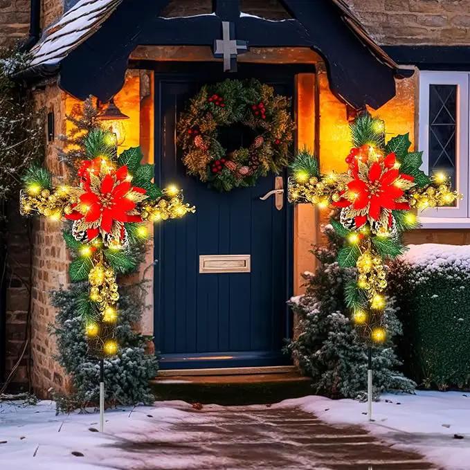 Ganeen 2 Pcs Solar Stake Christmas Outdoor Decorations Christmas Yard Stake Decor LED Lights Cemetery Grave Cross Poinsettia Decor for Holiday Garden Pathway Lights (Poinsettia) by GreenHaven Gardens