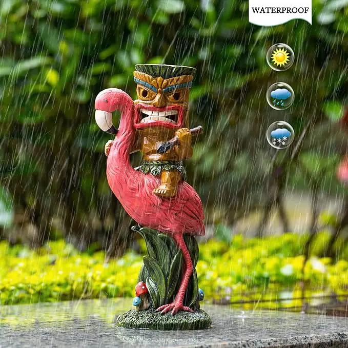Solar Tiki Statue - Outdoor Statue - Solar Powered Garden Figurine Tiki Decoration for Bar, Patio, Balcony, Yard, Lawn, Table, Riding a Flamingo 13.66 Inches Tall by GreenHaven Gardens