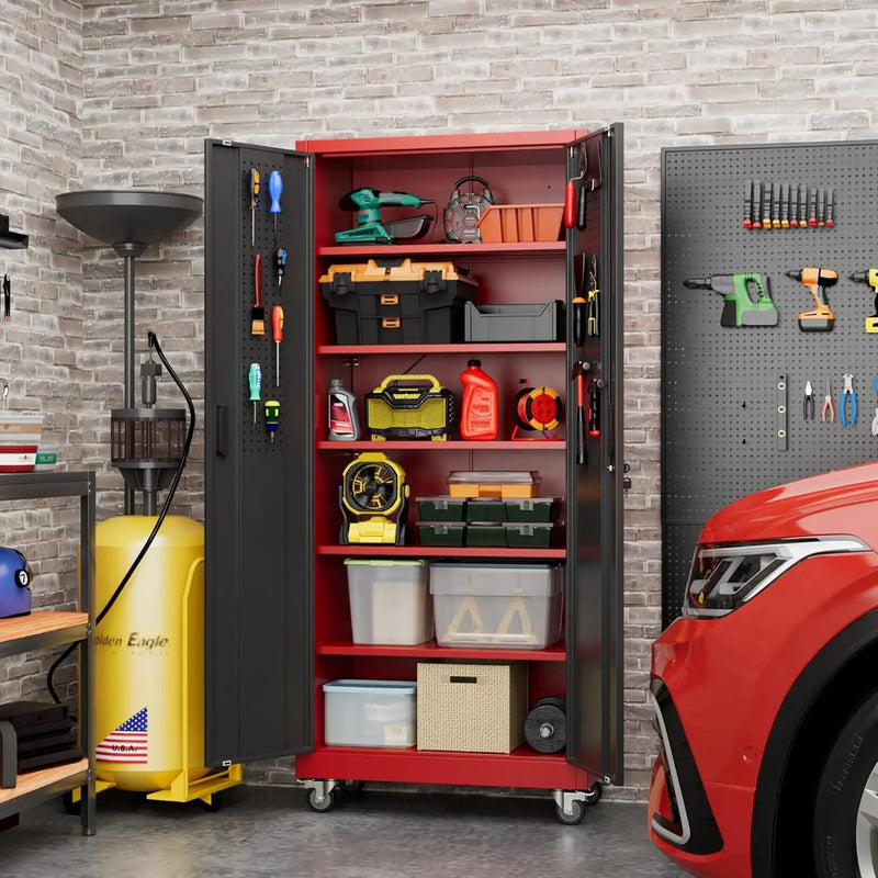 71" H×32" W×16" D Garage Storage Cabinet with Wheels, Locking Metal Storage Cabinet with 5 Adjustable Shelves, 4 Hooks and Pegboard for Garage, Home Office, Kitchen, Black and Red by GreenHaven Gardens