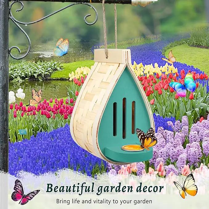 2 Pcs Butterfly House and Feeder, Wooden Hanging Butterfly House for Garden, Natural Butterfly Habitat with Butterfly Puddler for Bugs, Butterflies, Moths, Lacewings by GreenHaven Gardens