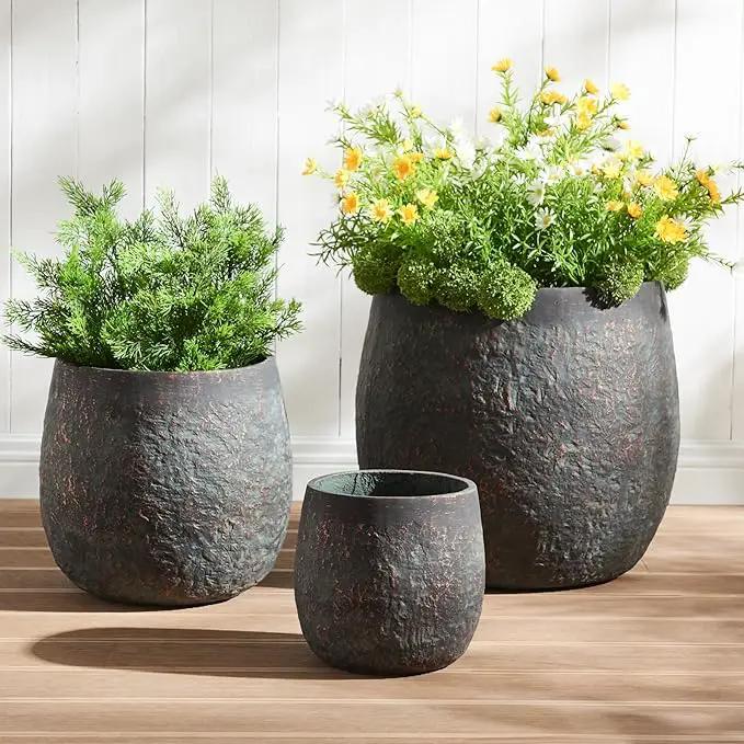 Large Outdoor Planter, 17.32"+12.99"+9.06" Dia Round Weathered Concrete Planter Set of 3, Flower Pots with Drainage Holes, Sealing Plug for Garden, Patio, Home, Office, Greenish Bronze Rust by GreenHaven Gardens