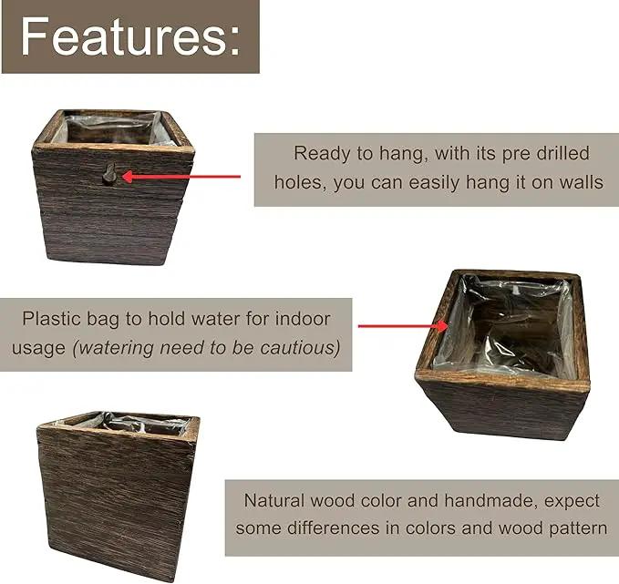 LaLaGreen Wood Planter Boxes (4 Pack, 4x4 Inch) Small Square Wooden Wall Mounted Flower Pot for Indoor Plants, Window Box Mount Hanging Herb Planters Outdoor Plant Holder Vertical Garden Home Decor by GreenHaven Gardens