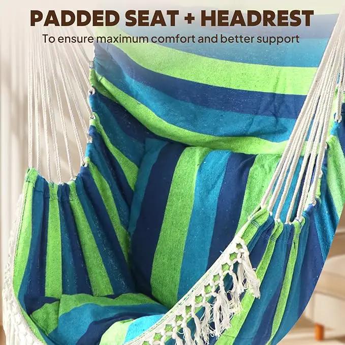 Chihee Hammock Chair Hanging Swing 2 Pillows Included,Strong Webbing Straps and Hooks for Easy Hanging Soft Cotton Hanging Chair Side Pocket Tassel Chair Comfort Indoor Outdoor Blue Green by GreenHaven Gardens