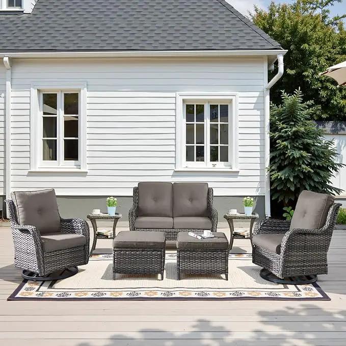 Outdoor Patio Furniture Set - 7 Piece Gray Wicker Conversation Patio Furniture Set All Weather Swivel Chairs with Ottoman and Loveseat Glider Chair for Deck Balcony Backyard by GreenHaven Gardens