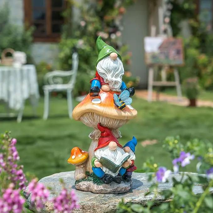 TERESA'S COLLECTIONS Garden Gnomes Statues Decorations for Yard with Solar Lights, Resin Sculptures& Statues on Mushroom Reading Garden Outdoor for Patio Lawn Ornaments,Ideal Gifts for Mom, 12.6" by GreenHaven Gardens