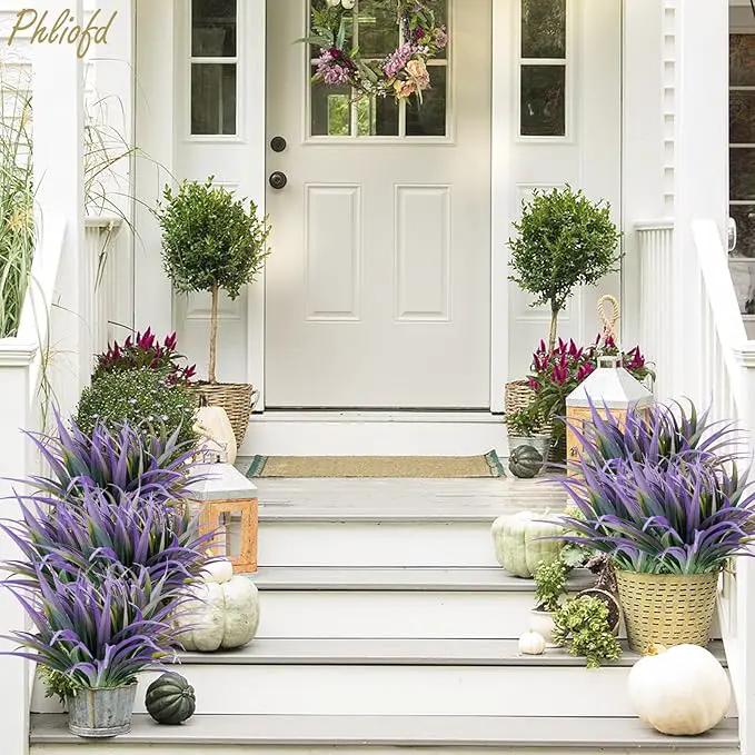32Pcs Artificial Grass Fake Plants 17.3in Outdoor Plants UV Resistant Faux Greenery Stems Fake Grass for Home Window Garden Office Patio Pathway Front Porch Halloween Décor Green & Purple by GreenHaven Gardens