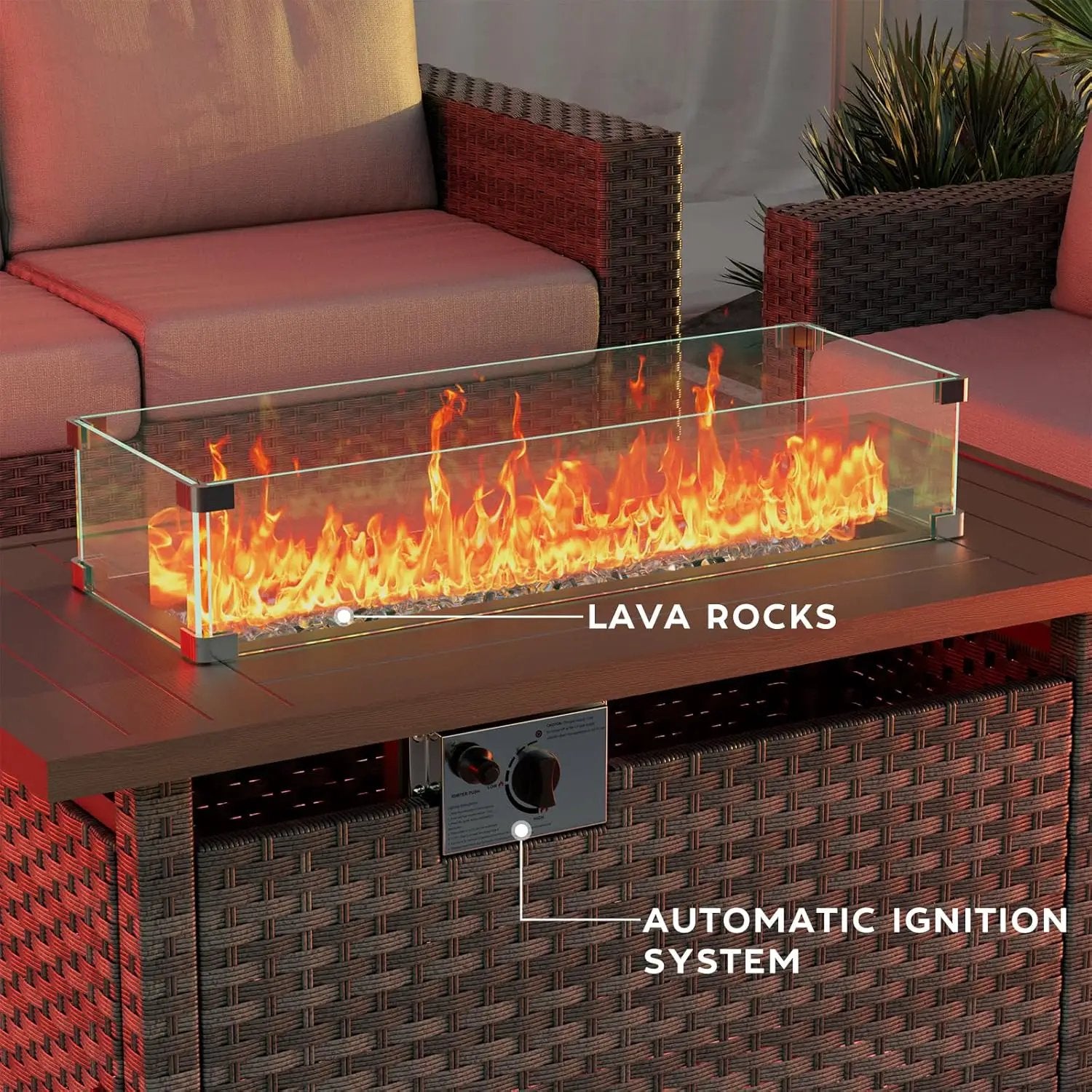 Propane Fire Pit Table Outdoor,44" 60000BTU Auto-Ignition Fire Table with Wind Guard Square Large Wicker Firepits for Porch Garden(Grey,CSA Certified) by GreenHaven Gardens