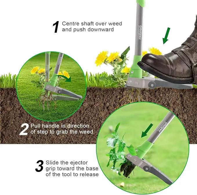 Grootpow WP5 Heavy Duty Weed Puller Tool, Stand Up Dandelion Weeder with 40" Handle, 3 Claws & Fiberglass Foot Pedal, Weeding Tool Made with Cast-Iron, Easily Remove Weeds Without Bending or Kneeling by GreenHaven Gardens