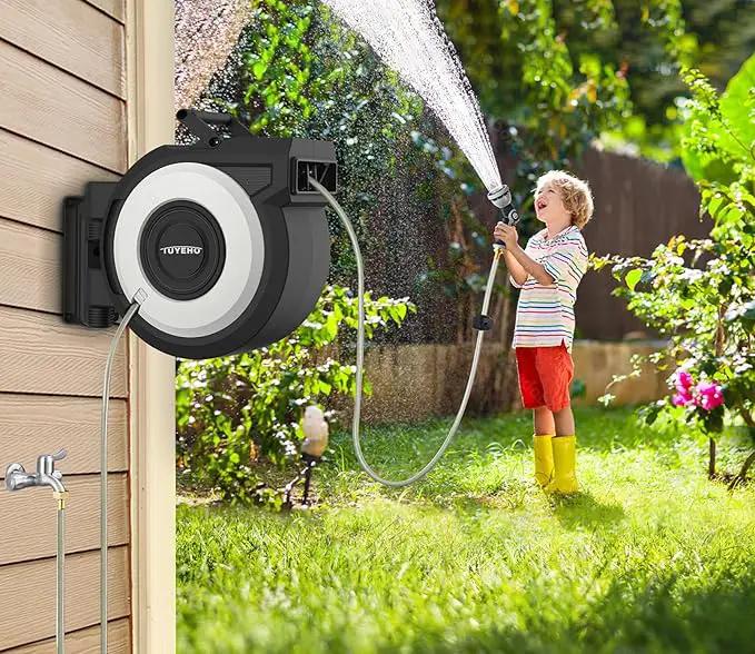 Tuyeho Retractable Garden Hose Reel 90 FT, Wall Mount Heavy Duty Water Hose Reels with Automatic Slow Rewind System, Outdoor Hoses Reel with 2 Hose Nozzles for Garden Watering, Car Wash, Pet Shower by GreenHaven Gardens