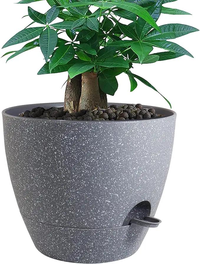 12 inch Large Self Watering Pots, Plastic Planters with 60oZ Removable Deep Reservoir and Multi Mesh Drainage Holes for Indoor Outdoor Garden Plants and Flowers, Grey Speckles by GreenHaven Gardens