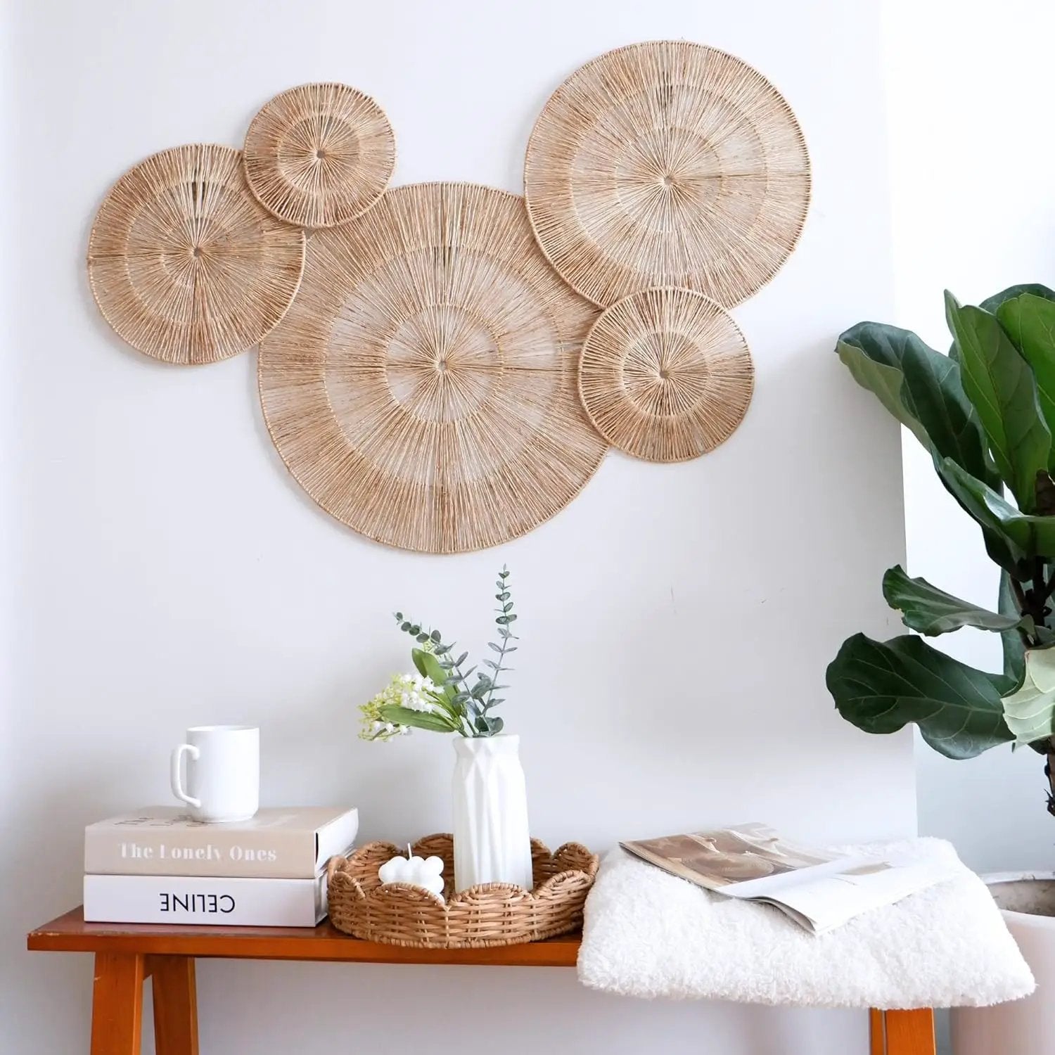 CHI AN HOME 18 Inch Boho Wall Decor – Set of 5 Woven Jute Wall Baskets, Boho Wall Art & Decorative Basket Set, Farmhouse Wall Hanging, Handwoven Wall Plates for Living Room, Bedroom – 18", 14", 11", 8", 7" by GreenHaven Gardens