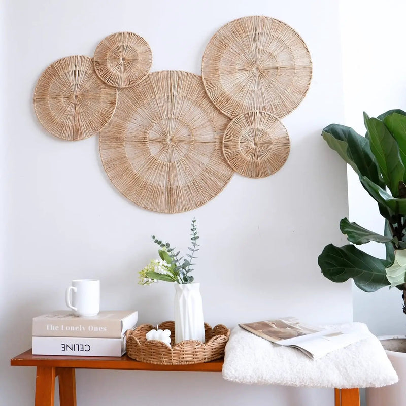 CHI AN HOME 18 Inch Boho Wall Decor – Set of 5 Woven Jute Wall Baskets, Boho Wall Art & Decorative Basket Set, Farmhouse Wall Hanging, Handwoven Wall Plates for Living Room, Bedroom – 18", 14", 11", 8", 7" by GreenHaven Gardens