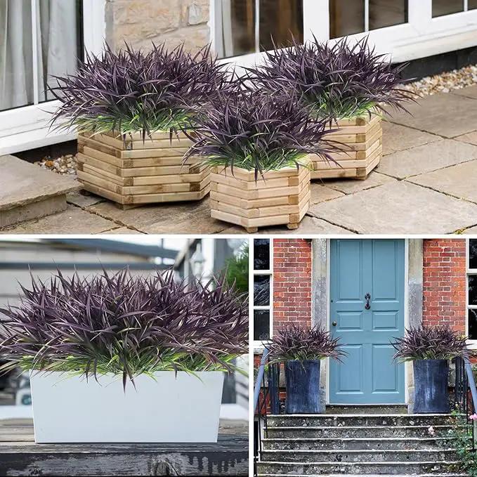 Ouddy Decor 16 Bundles Artificial Plants Outdoor Fake Grass Greenery Stems UV Resistant Faux Plastic Shrubs for Autumn Garden Pathway Front Porch Home Harvest Thanksgiving Halloween Decor, Purple by GreenHaven Gardens