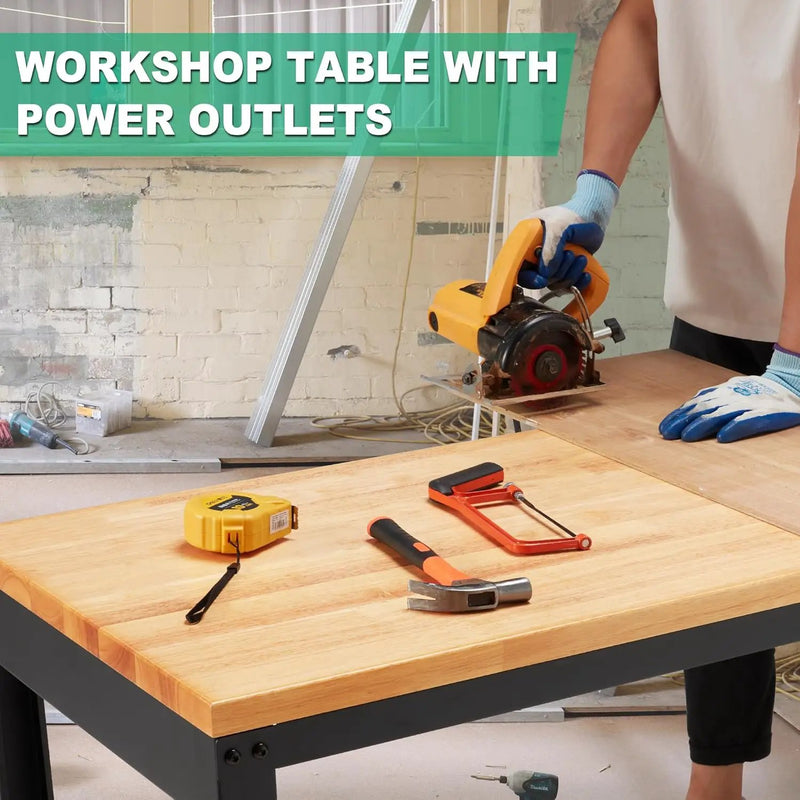 HABUTWAY Height Adjustable Workbench, 60"x20" 2000 Lbs Capacity Solid Wood Work Station Heavy-Duty, with Power Outlets, for Garage Party Shop Office by GreenHaven Gardens