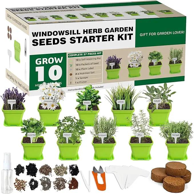 10 Herb Seeds Garden Starter Grow Kit with Green Pots, Markers, Nutritional Soil, Watering, Herb Clipper, Complete Indoor Potted Plant Growing Set for Kitchen DIY by GreenHaven Gardens