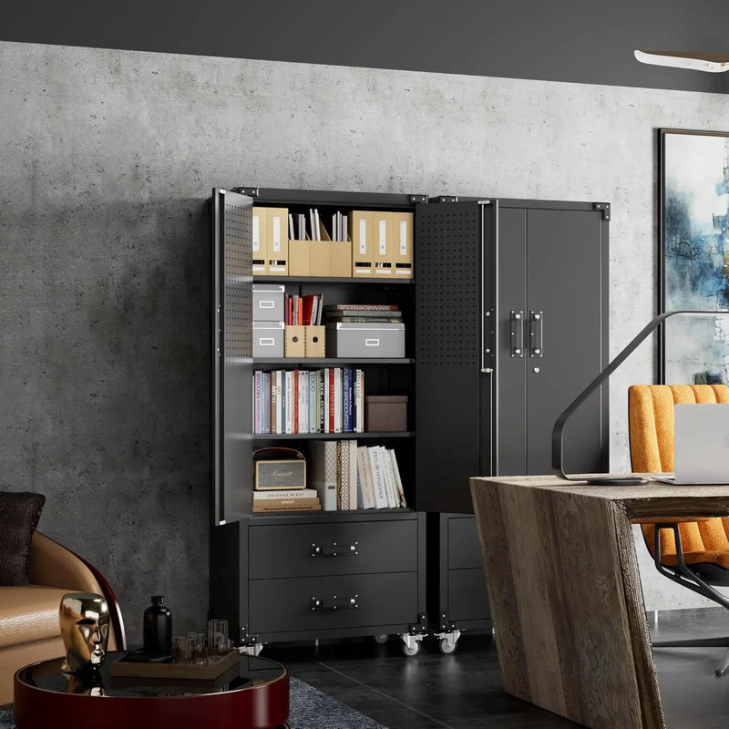 Upgraded Metal Garage Storage Cabinet with Wheels and 2 Drawers, Rolling Tool Cabinet with 3 Shelves and Pegboard Behind The Door for Home Office Garage,Assembly Required,Black by GreenHaven Gardens