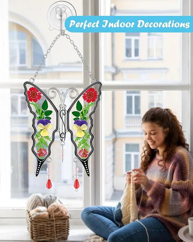 KY&BOSAM Butterfly Suncatcher DIY Gifts for Mom Ornament for Window Pressed Flower Between Wings Glass Metal Engraved No Charm Gifts for Mom Mother's Day Valentine's Birthday Thanksgiving Christmas
