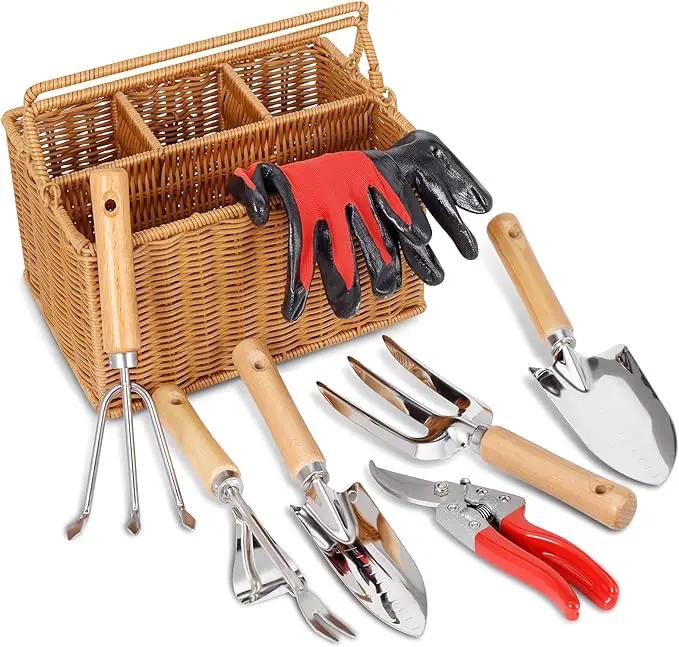 SOLIGT Garden Tools Set with Basket, Heavy Duty Stainless Steel Gardening Hand Tool with Wood Handle, Pruning Shears, Gloves - Perfect Gardening Gifts Planting Supplies for Women Men by GreenHaven Gardens