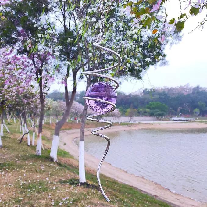 Fonmy Purple Gazing Ball Spiral Tail Wind Spinner Stabilizer with Swivel Hook 11inch Stainless Steel Tail and 2 inch Purple Glass Orb. Indoor Outdoor Garden Decoration Hanging Ornaments by GreenHaven Gardens