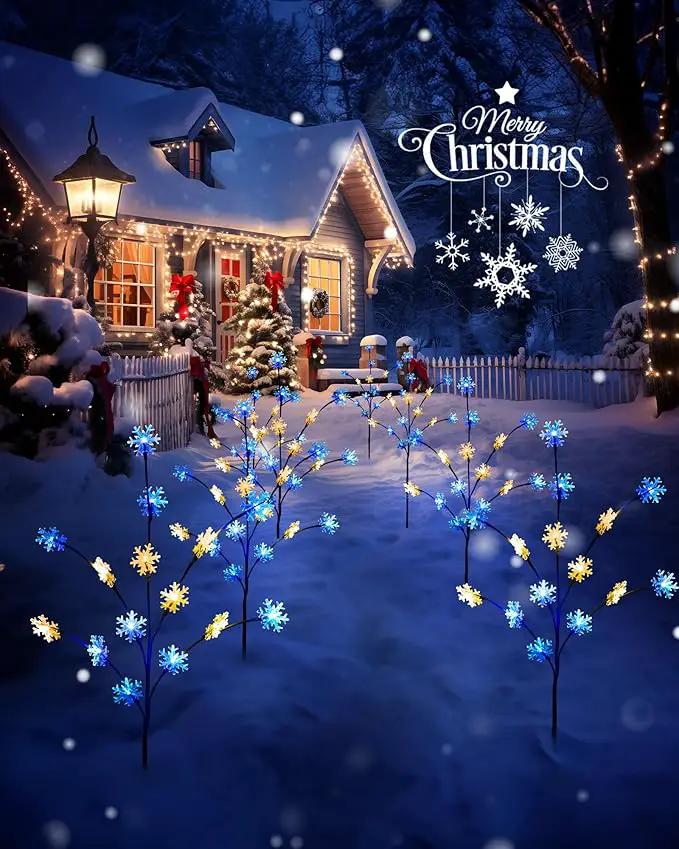 Brightown Snowflake Pathway Lights - 4 Packs Christmas Yard Lights with Small Christmas Tree, Blue & Warm White Outdoor Decorations by GreenHaven Gardens
