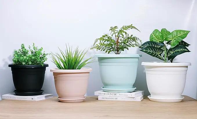 5 Packs 10 inch Plant Pots + Saucer, Planters for Indoor & Outdoor Plants with Drainage Holes | Plastic Flower Pots, Large Planter (Black, 10 inch) by GreenHaven Gardens