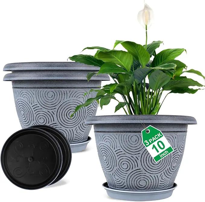 10 Inch Flower Pots Planters for Indoor Outdoor Plants, 3 Pack Plastic Large Plant Pots with Drainage Hole & Tray, Modern Decorative Garden Pot with Saucer, Plant Container for House by GreenHaven Gardens