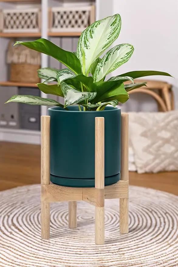 D'vine Dev Ceramic Planter with Natural Stand - 8 Inch Modern Round Flower Pot with Wood Planter Holder, Teal, 55-B-N-4 by GreenHaven Gardens