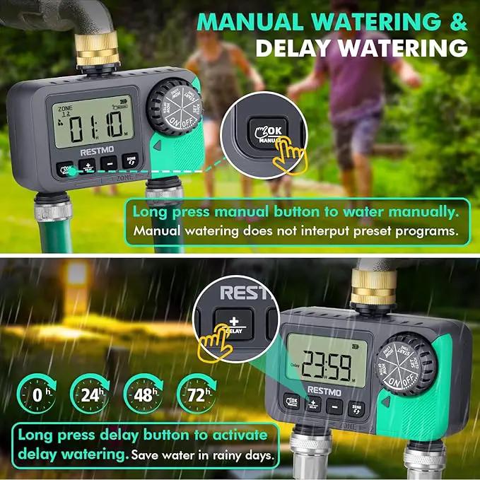RESTMO Water Timer for Garden Hose, Sprinkler Timer with Brass Inlet, Automatic Digital Control | Manual ON/Off | Rain Delay, for Outdoor Faucet, Drip Irrigation and Lawn, 2 Outlet by GreenHaven Gardens