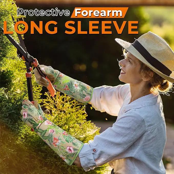 HANDLANDY Leather Gardening Gloves for Women, Thorn Proof Breathable Ladies Rose Pruning Garden Gauntlet Yard Gloves, Gift for Gardeners (Khaki, M) by GreenHaven Gardens
