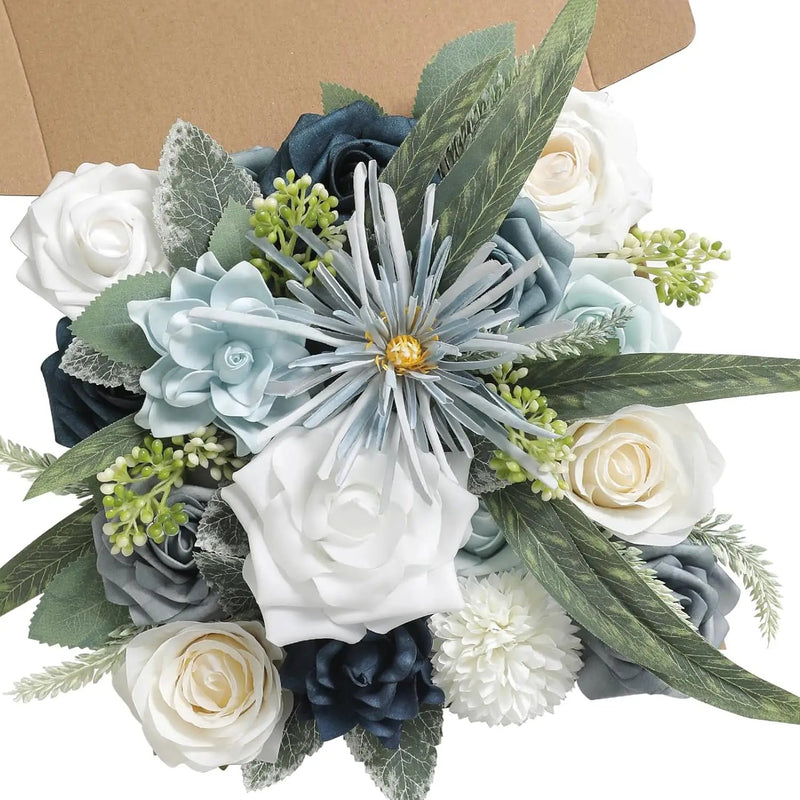 Blue White Artificial Flowers Silk Fake Roses Peonies Greenery Combo Box Set for DIY Wedding Bouquets Bridal Shower Centerpieces Floral Arrangements Party Tables Home Decoration by GreenHaven Gardens