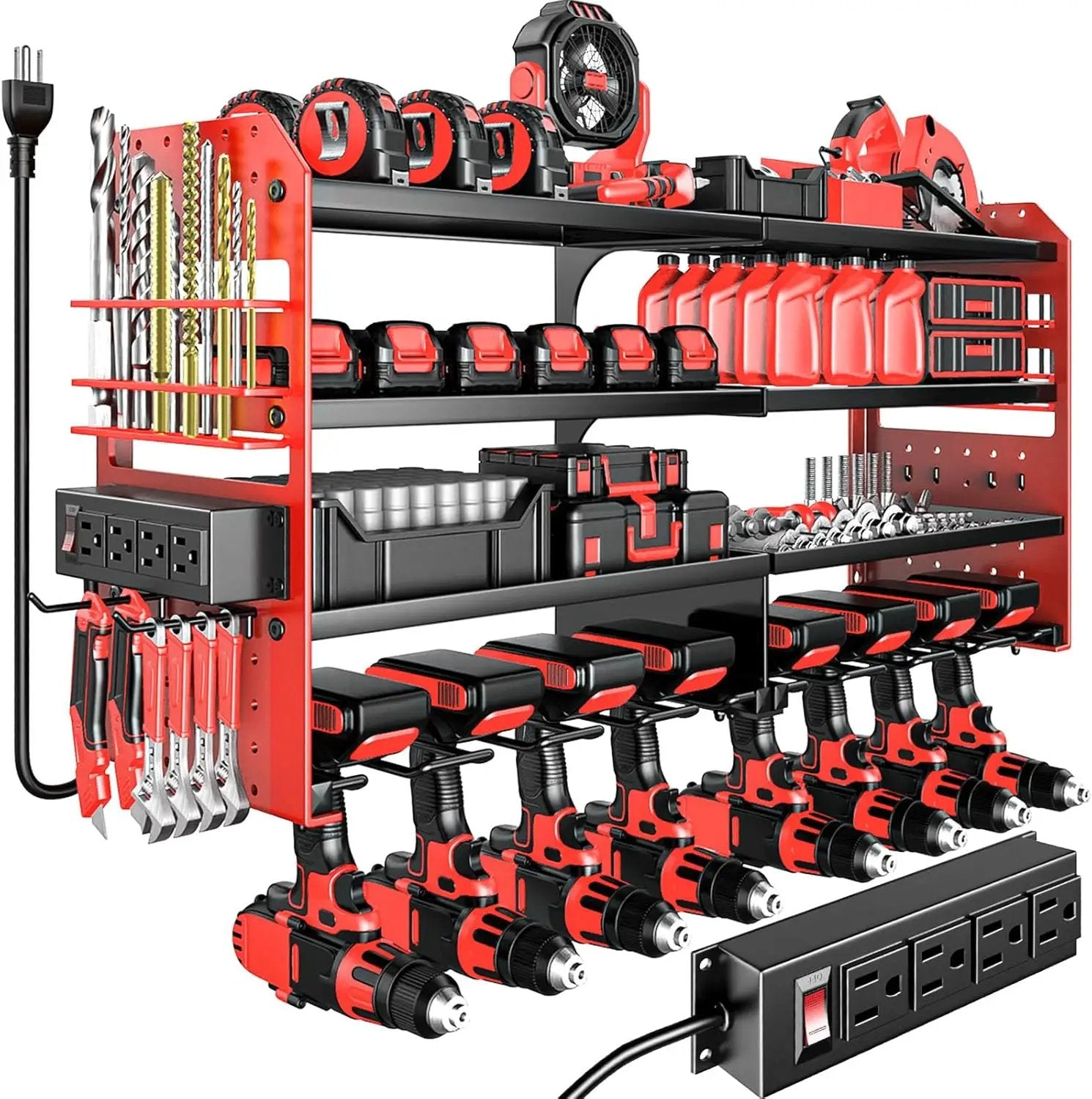 Large Power Tool Organizer Wall Mount with Charging Station, 4 Layer Heavy Duty Metal Cordless Tool Organizer, Tool Storage Rack with 8 Cordless Drill Holder Screwdriver Hammer(Red) by GreenHaven Gardens