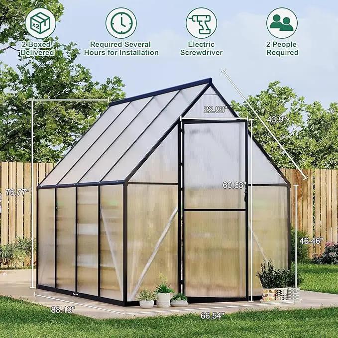 Greenhouse 6x7 FT Aluminum-Framed Heavy Duty Polycarbonate with Quick Setup Structure and Roof Vent Large Enhanced Outdoors Green House Kit by GreenHaven Gardens