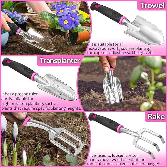 THINKWORK Pink Garden Tools, Gardening Gifts for Women, with 2 in 1 Detachable Storage Bag, Trowel, Transplanter, Rake, Weeder, Cultivator, Purning Shears and 3 Additional Protection Tools by GreenHaven Gardens