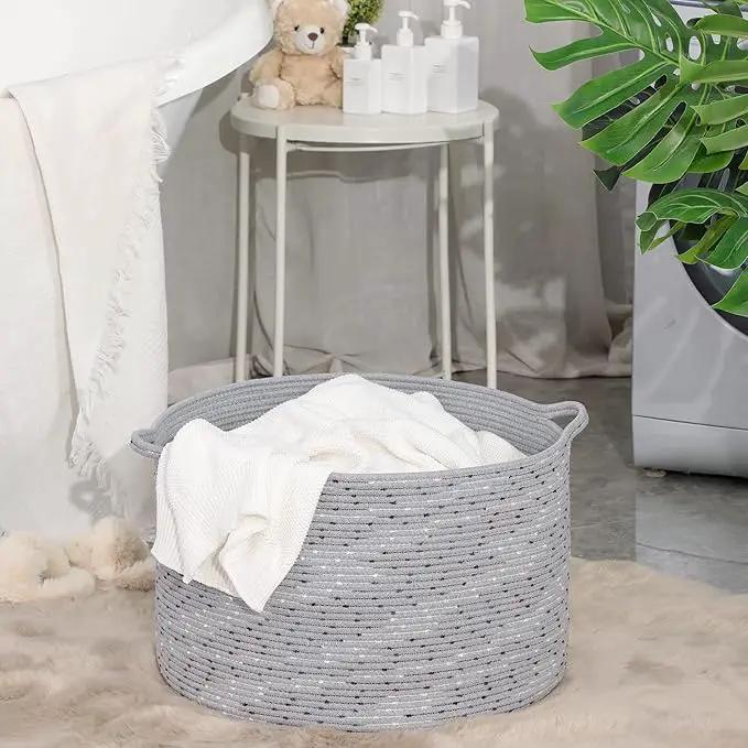 KAKAMAY Large Blanket Basket (20"x13"),Woven Baskets for storage Baby Laundry Hamper, Cotton Rope Blanket Basket for Living Room, Laundry, Nursery, Pillows, Grey with Blue & Brown Dotted by GreenHaven Gardens