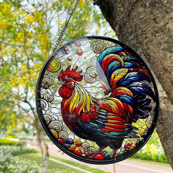 RIVEENY Rooster Glass Window Hangings, 8" Rooster Sun Catcher Stained Glass Window Panels, Wall Art Stained Panel Hangings Gift for Home Garden Ornament (Roosters) by GreenHaven Gardens