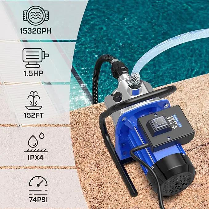 110V Electric Shallow Well Pump, 1.5HP 1532GPH 152FT Water Transfer Pump, Portable Stainless Steel Sprinkler Booster Jet Water Pumps for Garden Lawn Irrigation System by GreenHaven Gardens