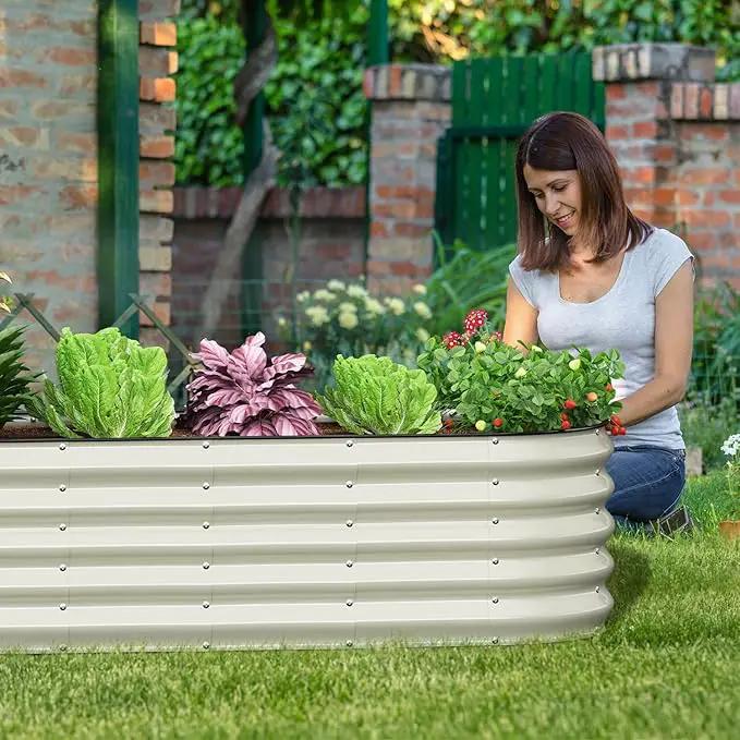 Oval 8x2x1.5 FT Galvanized Raised Garden Bed Kit, 31 in 1 Large Metal Planter Box for Outdoor Gardening, 18” Garden Bed for Vegetables Flower Herb(Pearl White) by GreenHaven Gardens